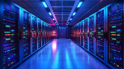 Obraz premium Futuristic data center with blue and colorful lights illuminating server racks : Generative AI