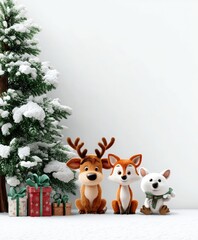 Three plush stuffed animals sit beside a decorated Christmas tree with lights and ornaments indoors.