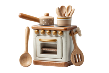 PNG Wooden toy kitchen set with miniature utensils and stove