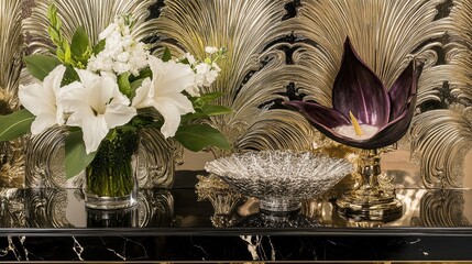 Ornate decorative display of flowers and objects.