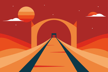 Desert bridge to another dimension surreal landscape vector illustration background