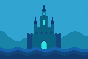 Fototapeta premium Submerged castle in ocean realm UHD ancient aquatic fortress vector illustration background