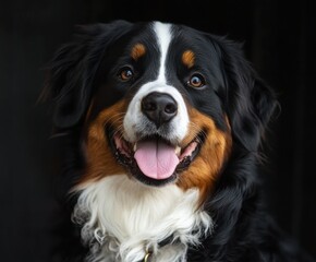 Portrait of a sitting Bernese Mountain Dog with space for text.
