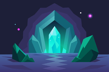 Crystal cave with magical glow luminous underground world vector illustration background