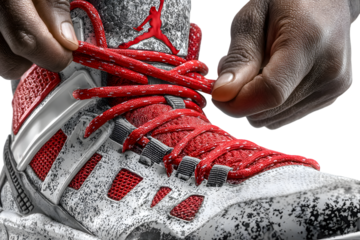 Closeup of hands tying red shoelaces on speckled athletic shoe