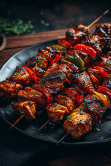 Delicious chicken skewers with red and green peppers grilling on wooden sticks