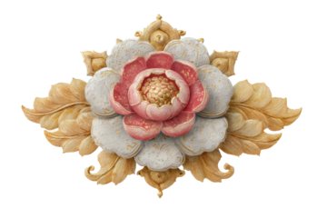 PNG Ornate lotus flower carving with gold and pink petals on black background