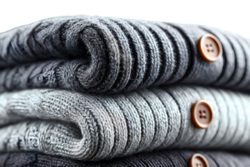 Stack of cozy knitted sweaters folded closeup texture gray and charcoal tones wooden butto