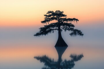 Solitary cypress tree silhouetted against a serene sunrise over calm, misty water.