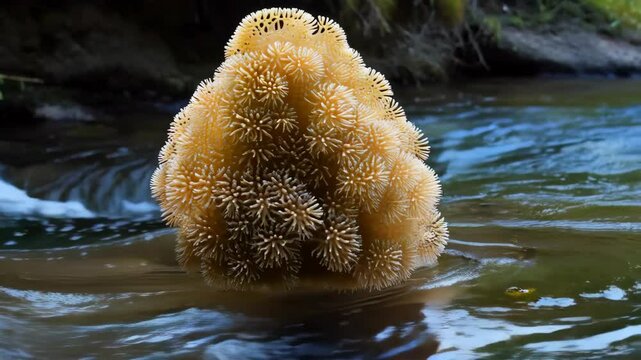 Lumpy yellow spherical gelatinous bryozoan colony thriving in a flowing river habitat with sunlit waters, natural underwater background.