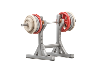 PNG Set of dumbbells and barbell plates on silver rack for fitness and strength training