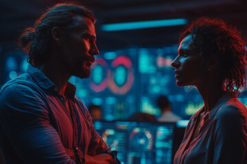 Diverse professionals discussing in high-tech environment with big data screen