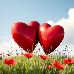 Hugging hearts. A pair of loving hearts curled up together. A couple of happy red hearts on a meadow with red poppies. 3D background.