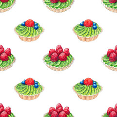 Berry tartlet, watercolor seamless pattern. Hand-drawn illustration fruit dessert tart with raspberries,  strawberries, kiwi for wrapping, fabric, paper, design, menu, notebook, cover, package
