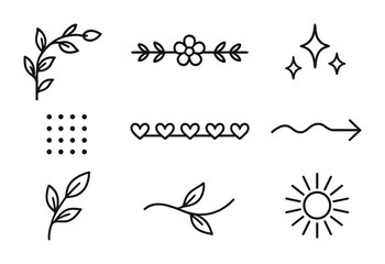 Line style icons of decorative accents: vine corner embellishment, floral divider line, star + sparkle trio, geometric dot pattern, heart line border, wave and arrow combo, leaf + stem wrap,