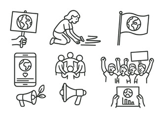 Line style icons of youth climate activism: street march sign, chalk message, social campaign post, earth flag, peaceful circle, group chant icon, megaphone with plant, poster with impact.