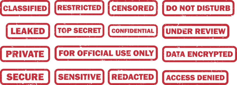 Confidential & Security Vector Stamps Bundle. Classified Badges, Censored Labels, Transparent Grunge Effects. Censorship Clipart. Classified Document Design. Vintage Security Seal. Minimalistic Badges
