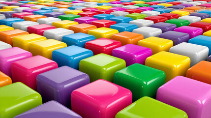 Obraz premium Shiny metallic colorful cubes form an abstract 3D geometric pattern, symbolizing modernity, innovation, structure, complexity, and vibrant energy in a sleek futuristic design. 