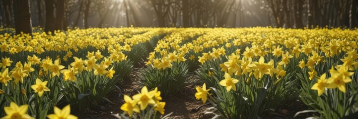 Fototapeta premium Hundreds of daffodils, bright yellow petals in sun , beautiful flowers, golden, blossom