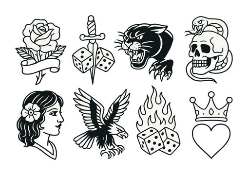 Line style icons of traditional tattoo flash: rose and banner, dagger and dice, panther with claws, skull + snake icon, lady head portrait, classic eagle, fire + dice combo, crown and heart.