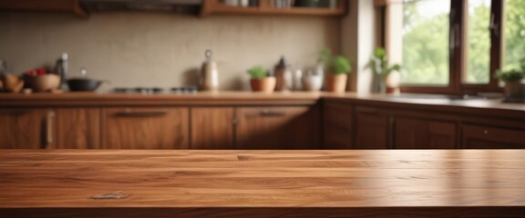 Warm brown wood table, soft-focus kitchen backdrop,  shadow, table top