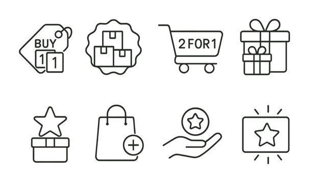 Line style icons of promotional offers: buy 1 get 1 tag, bundle deal badge, “2 for 1” cart, gift with purchase icon, free item mark, bonus product bag, loyalty + reward icon, promo item highlight.