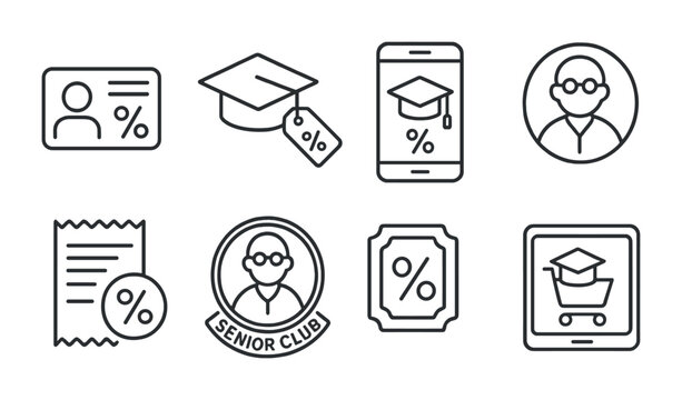 Line style icons of student and senior discounts: student ID with %, graduation cap + tag, student mobile app offer, senior card badge, discount on receipt icon, senior club symbol, reduced price