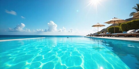 Obraz premium Vibrant turquoise pool water shimmers under the summer sun, reflecting the clear blue sky Perfect for vacation, relaxation, and summer themes , swimming pool, paradise