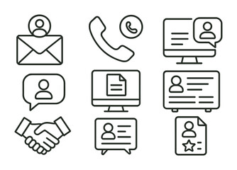 Line style icons of freelancer client communication: client email icon, project call symbol, chat with client bubble, proposal submission screen, message history board, contract discussion tag,