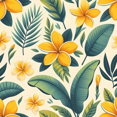 Obraz premium Seamless Tropical Floral Pattern with Yellow and White Plumeria on Leafy Background. for summer wrapping paper, textile prints
