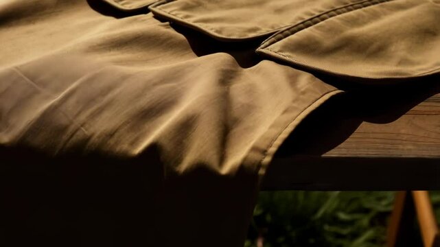 Close-up of a durable khaki canvas tool belt with multiple pockets resting on a textured wooden surface creating a rugged and organized aesthetic.