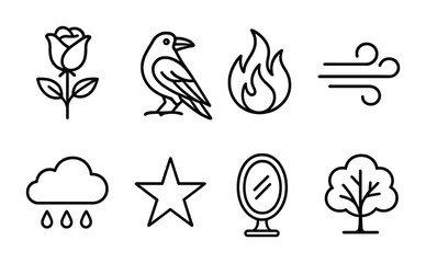 Line style icons of poetic symbols: rose = love icon, raven = mystery symbol, flame = desire tag, wind = change badge, rain = sorrow icon, star = hope tag, mirror = truth symbol, tree = growth.