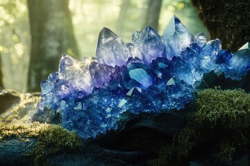 Obraz premium Sunlit blue crystal cluster nestled in a mossy forest, showcasing vibrant hues and intricate formations.