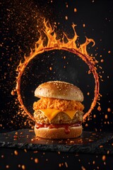 Flaming Halo Chicken Burger with Crispy Fillet, Lettuce, and Ring of Fire