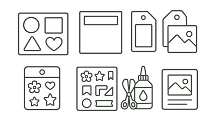 Line style icons of beginner scrapbooking elements: basic shapes die-cut, simple title card, one-photo page layout, tag + photo combo, small embellishment set, sticker sheet starter, safe scissors +