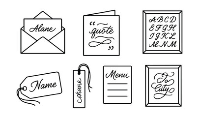 Line style icons of calligraphy projects: wedding envelope with name, quote on card, greeting card with flourish, framed alphabet art, name tag design, bookmark with script, menu with calligraphy,