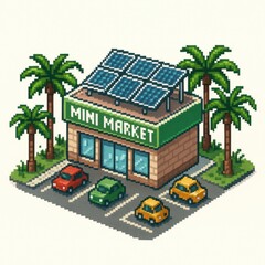 Pixel art mini market with solar panels and cars surrounded by palm trees