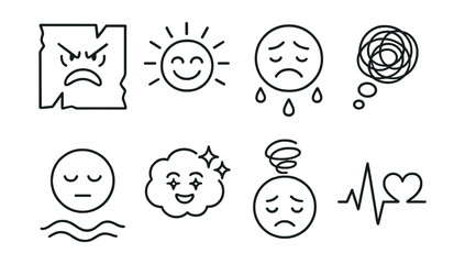 Line style icons of emotional expression pages: anger page with torn edges, joy burst lines, sadness with rain texture, worry scribbles icon, calm wave line, excited sparkle cloud, overwhelmed spiral