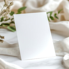 blank white card framed with spring blossoms and green leaves on silk background for custom design card, wedding card, invitation card, thank you card, empty card, save the date