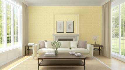 A  light yellow living room interior design.