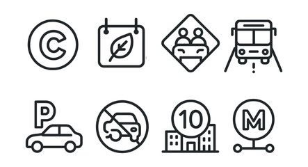 Line style icons of traffic reduction strategies: congestion zone icon, eco toll sign, shared ride lane, bus priority track, park-and-ride symbol, no idle badge, low-speed city marker, mobility point