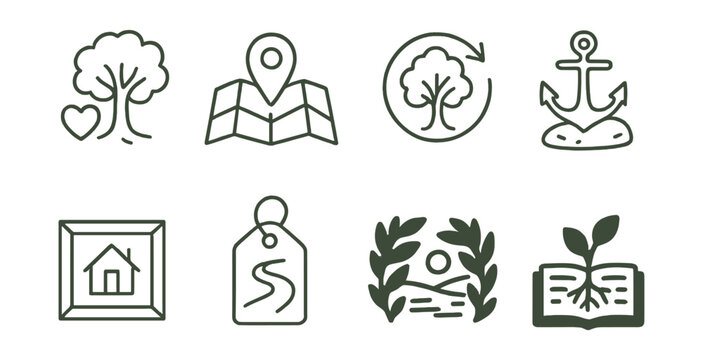 Line style icons of connection with place: tree and heart sketch, &ldquo;my spot&rdquo; map icon, return-to-tree symbol, anchor stone image, &ldquo;this is home&rdquo; frame, familiar path tag, view through leaves drawing,