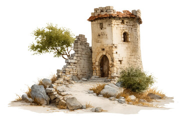PNG Medieval stone tower with archway and ruins in natural landscape
