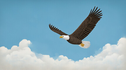 Obraz premium Bald eagle soaring in blue sky above clouds illustration