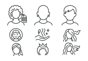 Line style icons of inclusive hair identity: natural curls and pride tag, shaved head with earrings, gender-neutral haircut, hair as expression badge, every strand matters icon, crown and curls frame