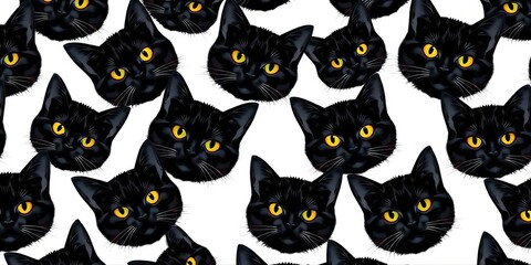 Fototapeta premium Seamless pattern of black cat faces on white background , pet, background