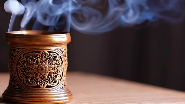 Ornate bronze incense burner with rising smoke on a wooden surface evokes calm, meditation, and aromatherapy practices.