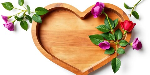 Rustic wooden heart-shaped tray, isolated on white background, isolated, macro