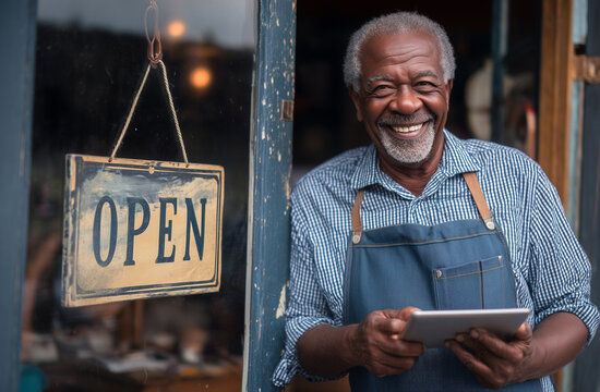 Happy senior African American entrepreneur using a tablet while proudly standing in front of his shop, displaying an open sign for customers