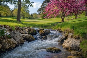 Serene Golf Course with Spring Blossoms and a Gentle Stream